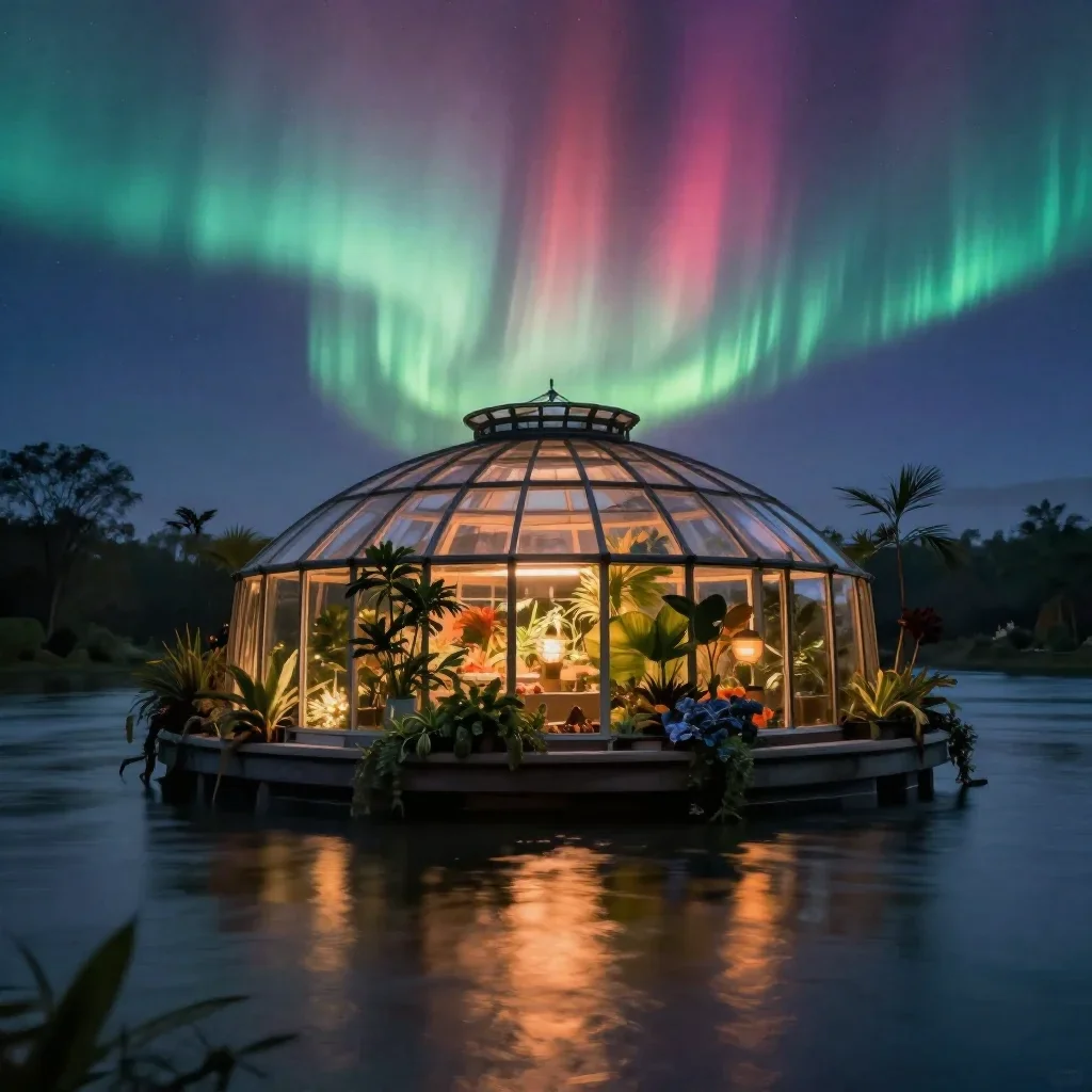 a floating botanical conservatory beneath an aurora, dreamlike fine-art landscape photography, gentle reflected light, o