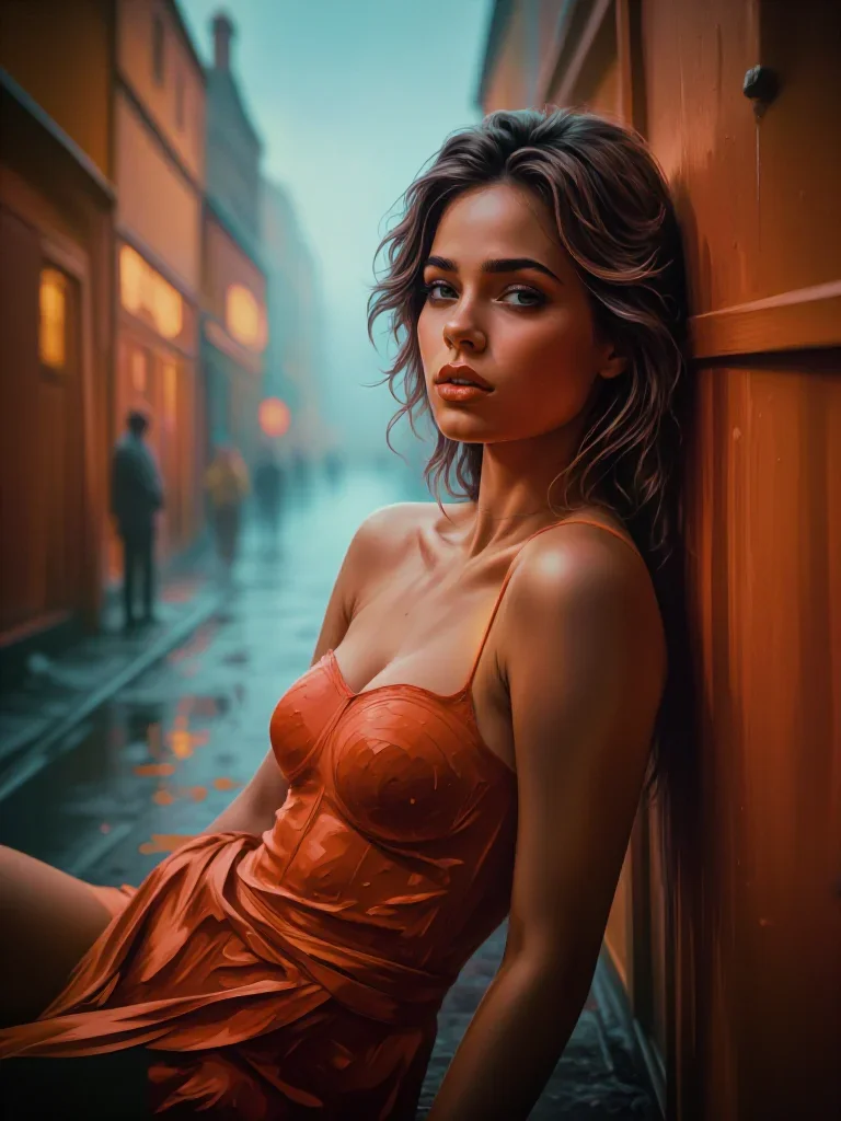 a striking woman with a smoldering over-the-shoulder gaze reclining elegantly on a chaise, in a rain-slick neon alley, s