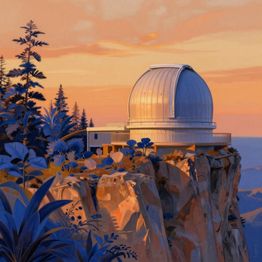 a cliffside observatory during golden hour, contemporary botanical illustration, gentle reflected light, ochre and ultra
