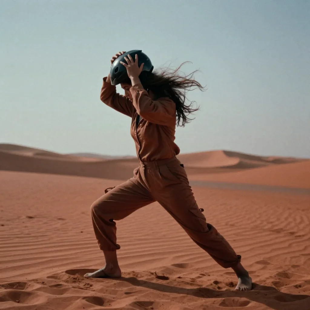 a rider removing a helmet, flushed and windblown in a low lunge with a lifted chin, on a midnight dance floor, cinematic
