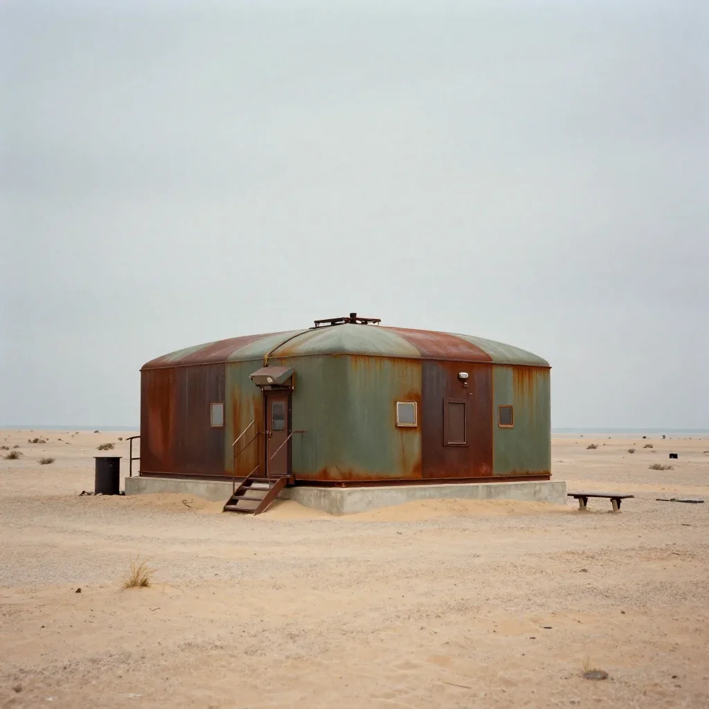 a desert research station under overcast coastal light, high-end design magazine photography, subtle film grain, rust an