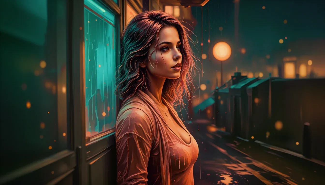 a lover leaning against rain-streaked glass in a wind-swept lean against a wall, on a neon-lit rooftop at midnight, mood