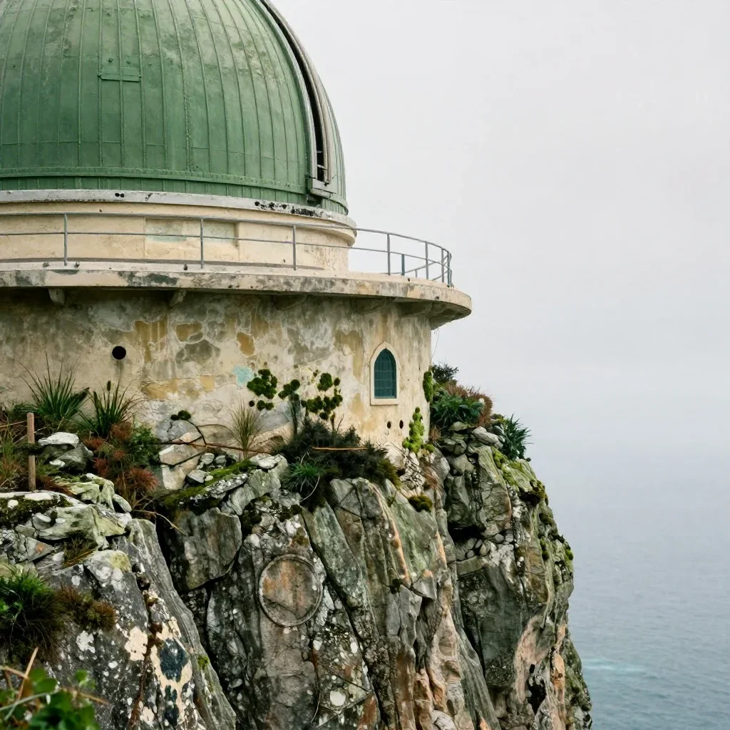 a cliffside observatory under overcast coastal light, refined editorial travel photography, weathered tactile surfaces, 