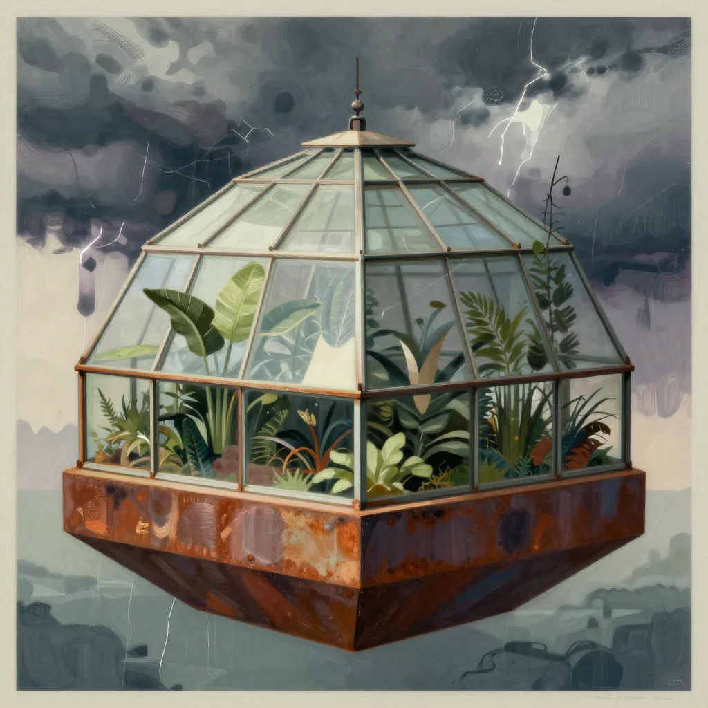 a floating botanical conservatory after a distant thunderstorm, modernist poster illustration, careful geometric composi