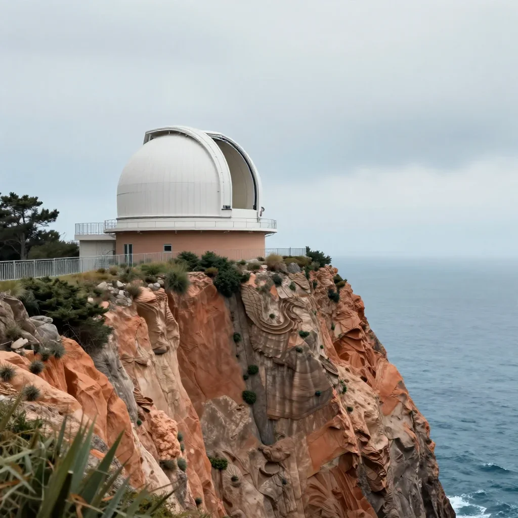 a cliffside observatory under overcast coastal light, contemporary botanical illustration, atmospheric depth, terracotta