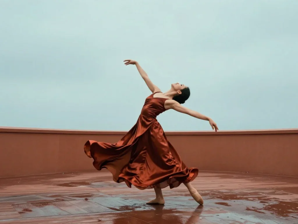 a dancer mid-spin in a silk maxi dress reclining elegantly on a chaise, on a storm-washed boardwalk, Wong Kar-wai colour