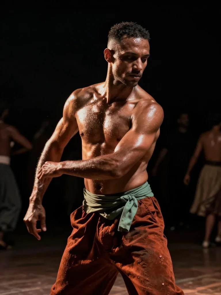 a chiseled athlete in dramatic rim light, oiled skin mid-turn with fabric catching the light, on a midnight dance floor,