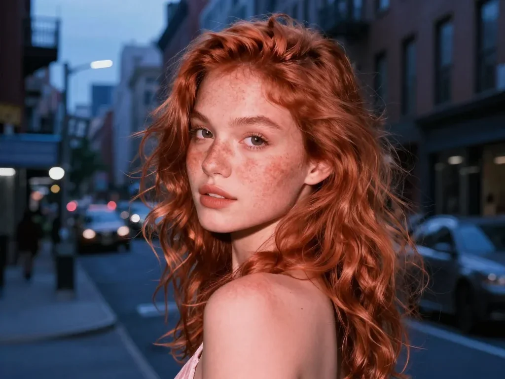a muse with freckles and wind-tousled copper hair in an alluring over-the-shoulder glance, in a blue-hour city apartment