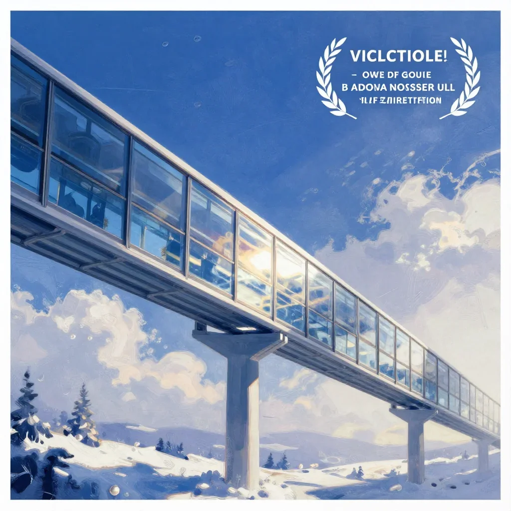 a glass monorail in crisp winter sunlight, modernist poster illustration, gentle reflected light, indigo and pearl palette, no people, no text, no logo, no watermark