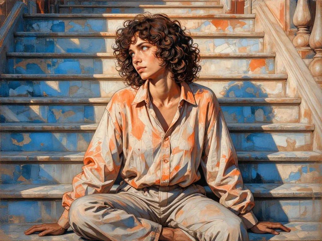 a sculptor at rest in a linen shirt, dust-hazed in a graceful contrapposto pose, on a marble staircase at dawn, Renaissa