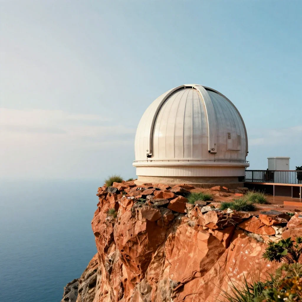 a cliffside observatory after warm summer rain, high-end design magazine photography, subtle film grain, terracotta and 