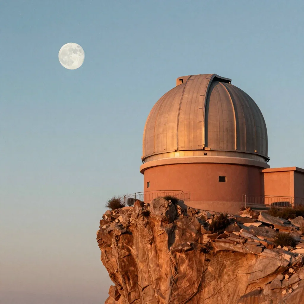 a cliffside observatory at moonrise, cinematic architectural photography, subtle film grain, terracotta and pale sky blu