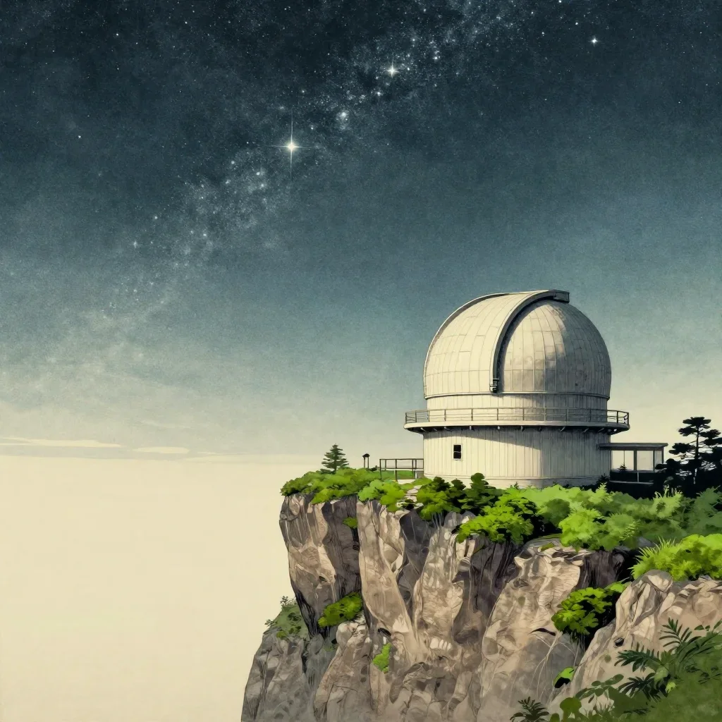 a cliffside observatory beneath a star-filled sky, Japanese woodblock-inspired editorial art, calm negative space, moss 