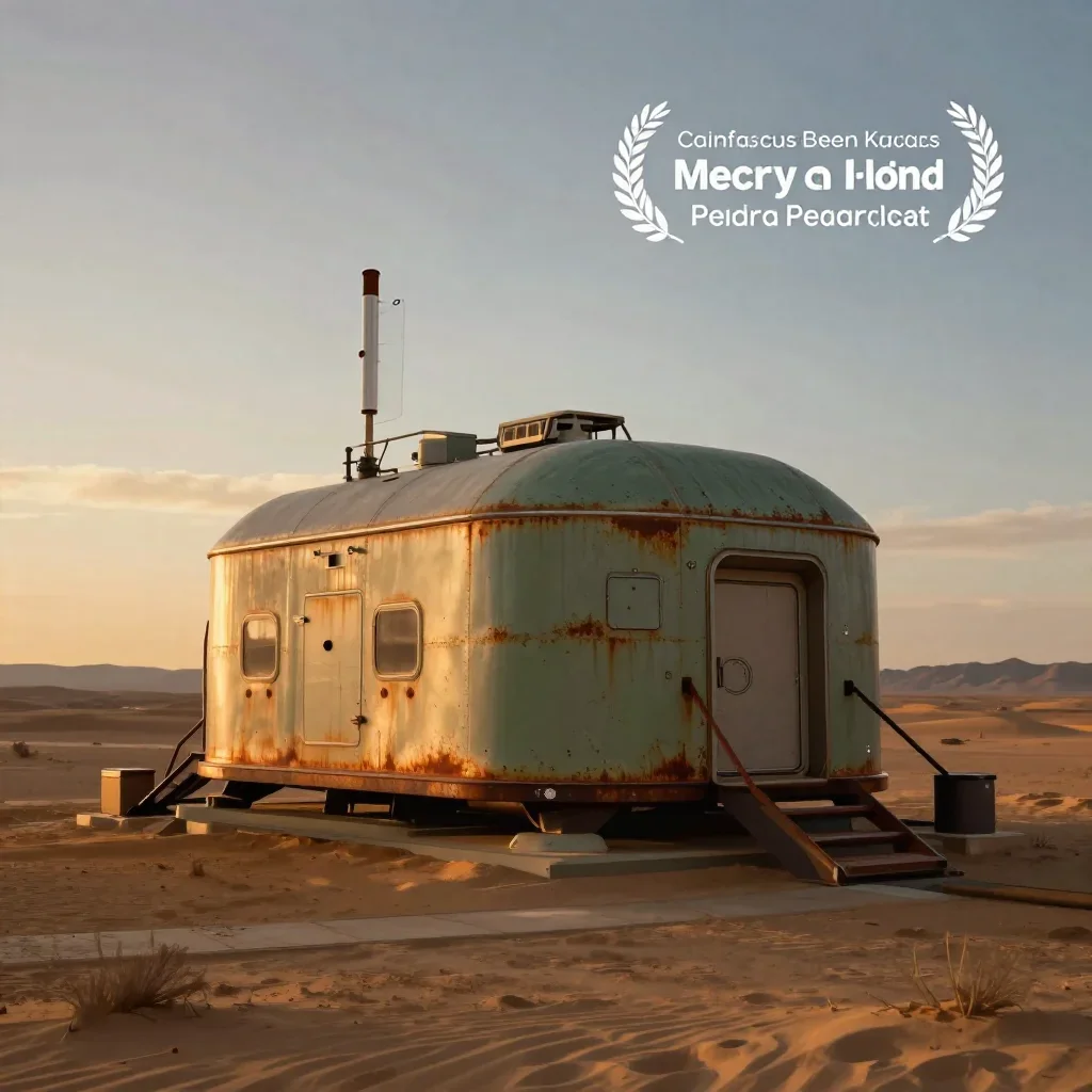 a desert research station during golden hour, quiet science-fiction concept art, weathered tactile surfaces, rust and sa