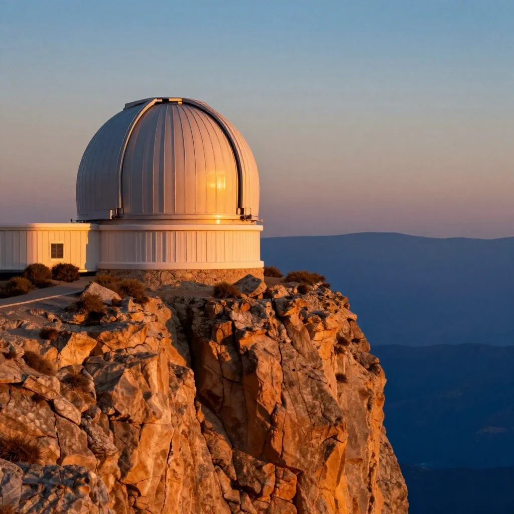 a cliffside observatory during golden hour, refined editorial travel photography, careful geometric composition, ochre a