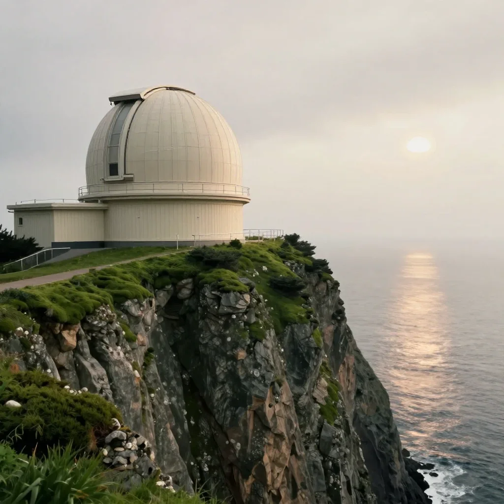 a cliffside observatory under overcast coastal light, quiet science-fiction concept art, gentle reflected light, moss gr
