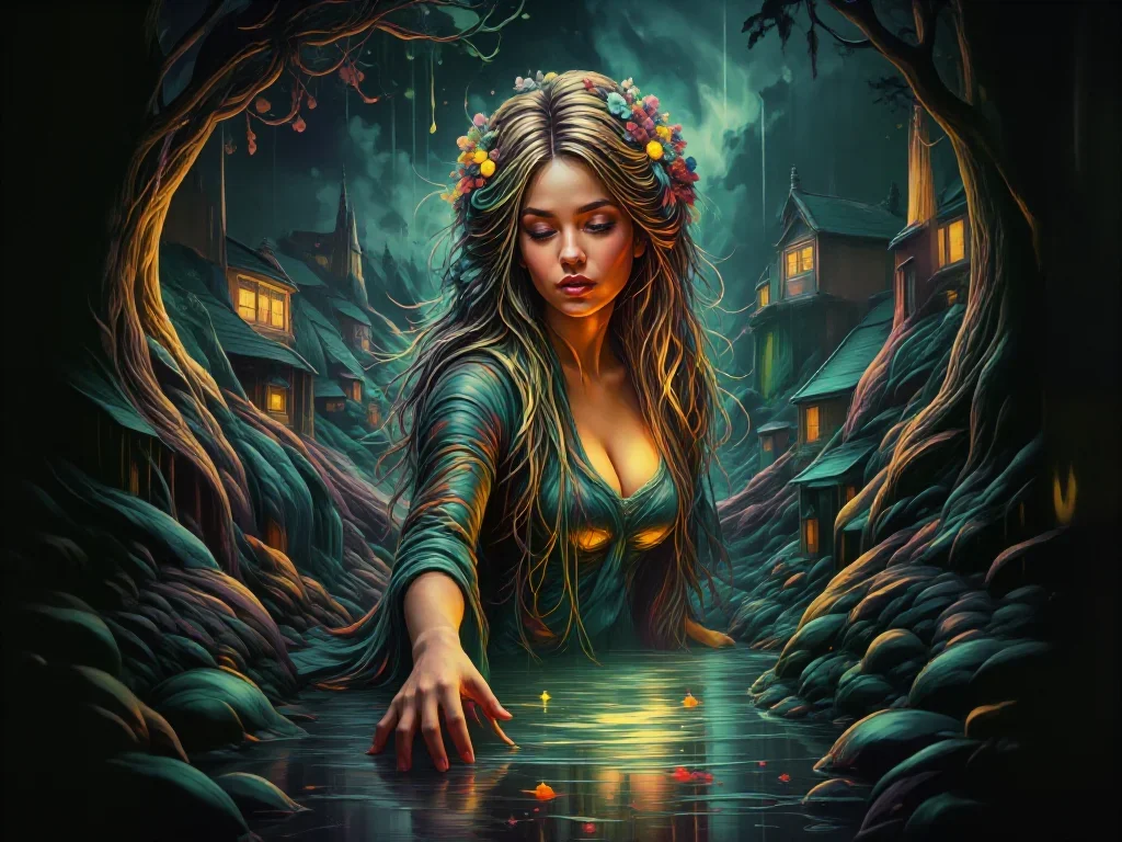 a dryad with vine-woven hair in a forest pool in a gentle reach toward the lens, on a neon-lit rooftop at midnight, myth