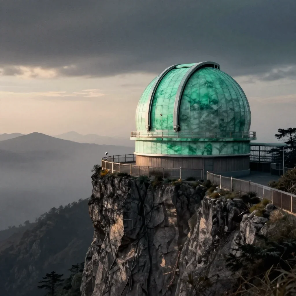 a cliffside observatory in quiet late-afternoon haze, Japanese woodblock-inspired editorial art, subtle film grain, jade