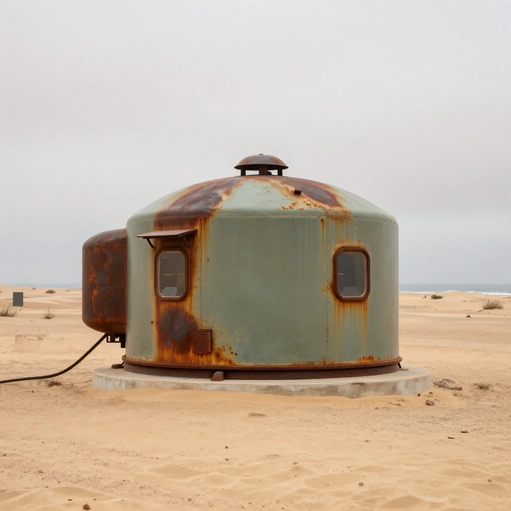 a desert research station under overcast coastal light, high-end design magazine photography, weathered tactile surfaces