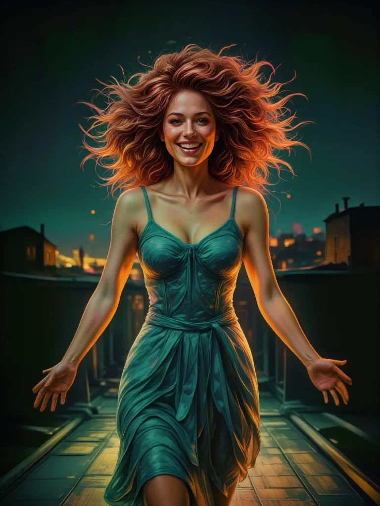 a muse with freckles and wind-tousled copper hair in a bold, open-armed welcome, on a neon-lit rooftop at midnight, high