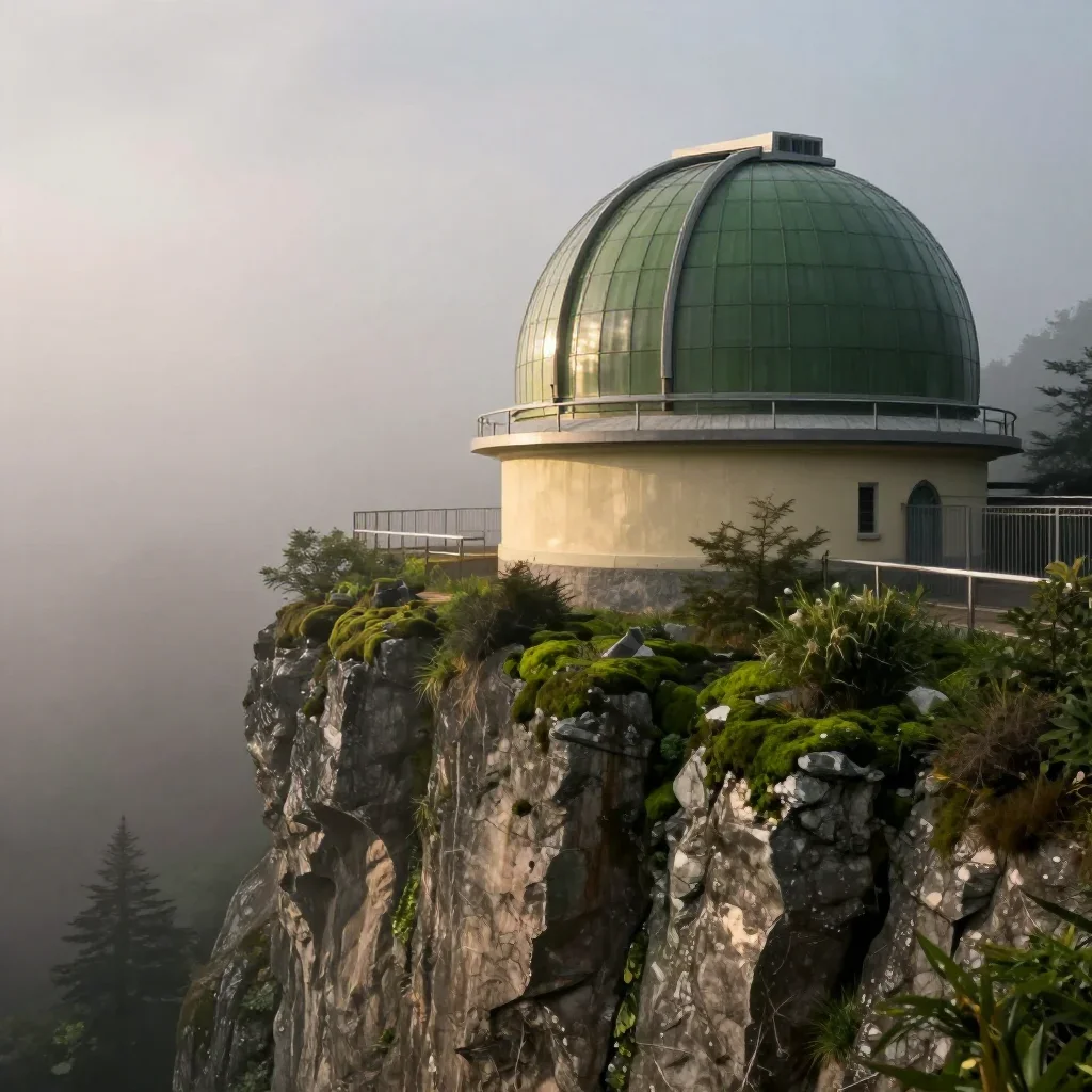 a cliffside observatory in early spring mist, cinematic architectural photography, gentle reflected light, moss green an
