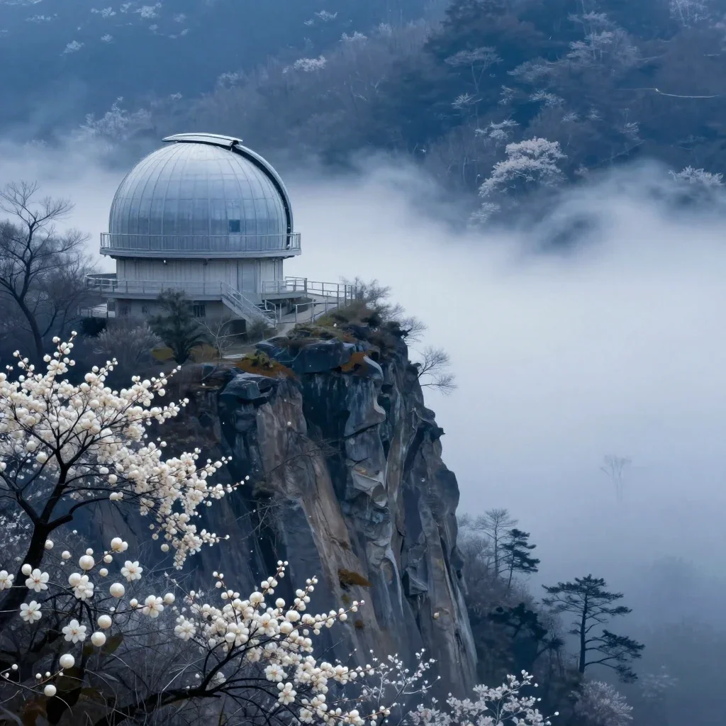 a cliffside observatory in early spring mist, contemporary botanical illustration, atmospheric depth, indigo and pearl p