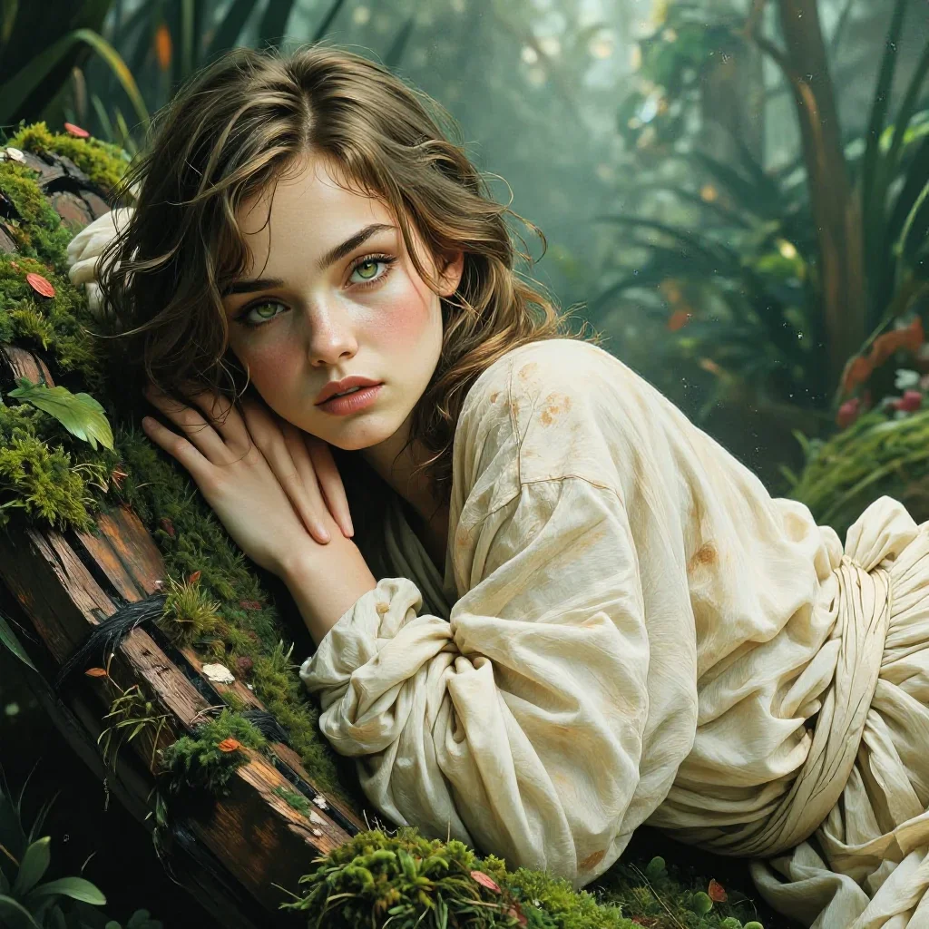 a striking woman with a smoldering over-the-shoulder gaze reclining elegantly on a chaise, in a greenhouse humid with mi