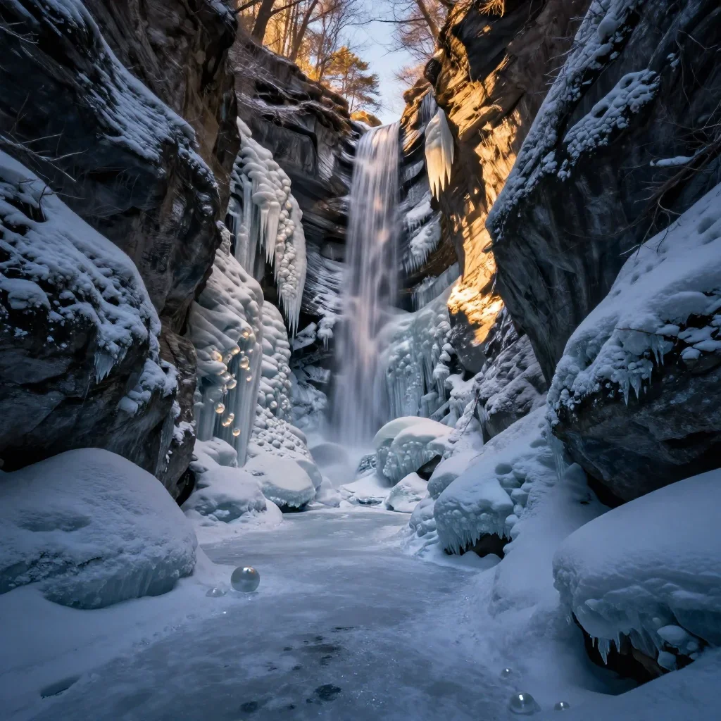a frozen waterfall canyon during golden hour, macro natural-history photography, calm negative space, indigo and pearl p