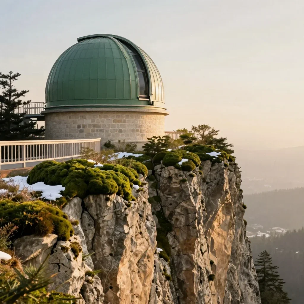 a cliffside observatory in crisp winter sunlight, refined editorial travel photography, soft volumetric light, moss gree