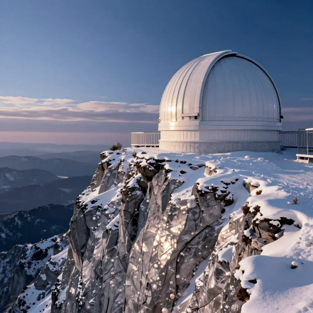 a cliffside observatory in crisp winter sunlight, dreamlike fine-art landscape photography, gentle reflected light, indi