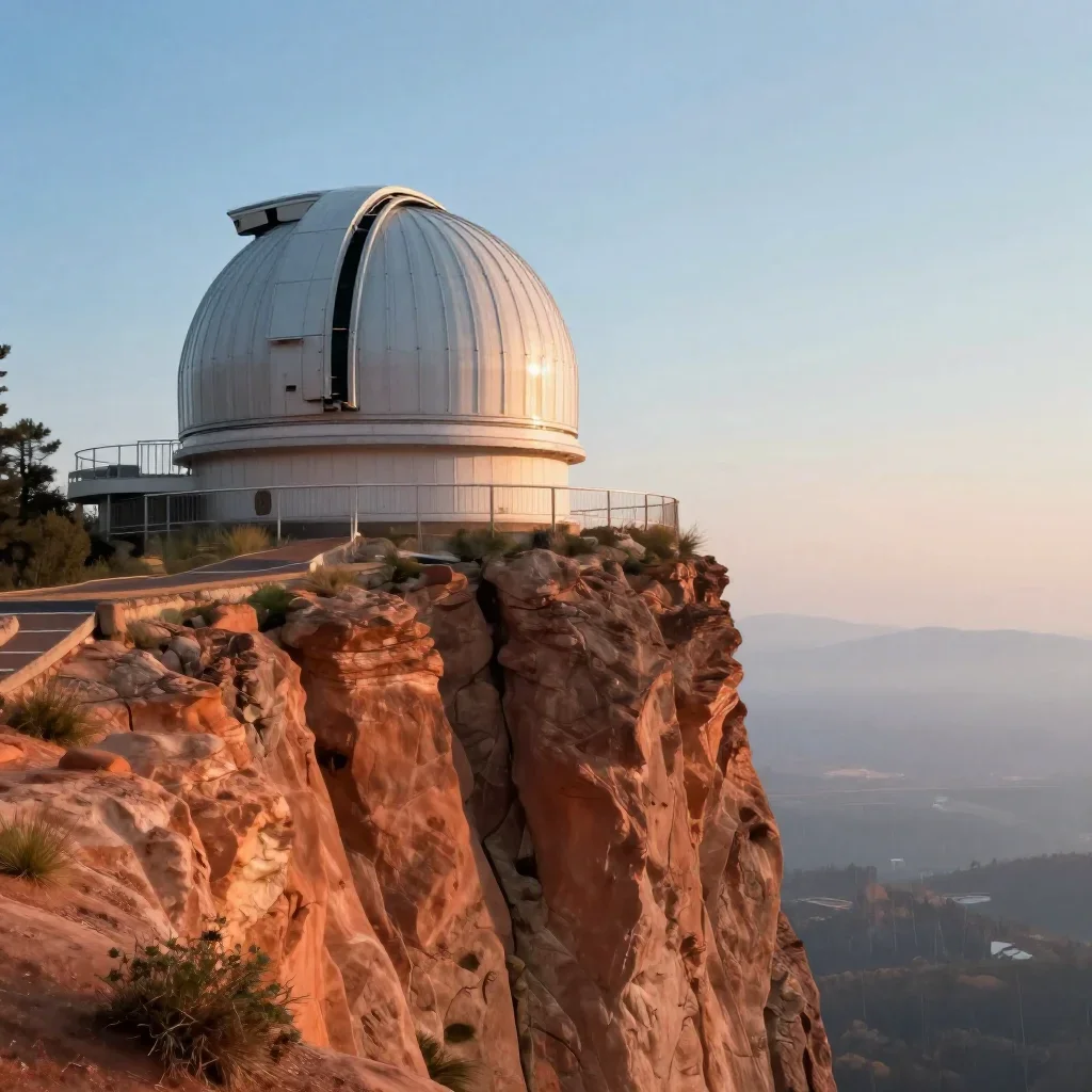 a cliffside observatory after warm summer rain, quiet science-fiction concept art, atmospheric depth, terracotta and pal