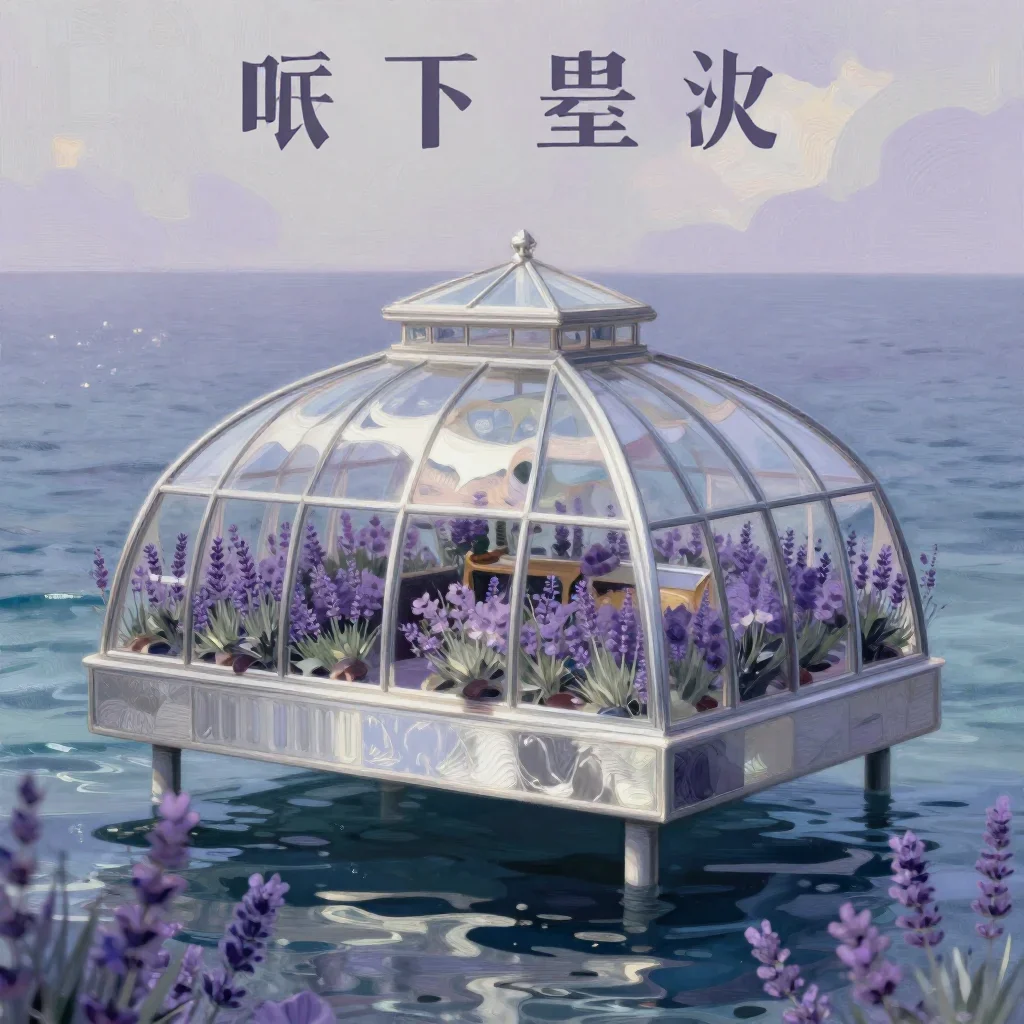 a floating botanical conservatory in a gentle sea breeze, modernist poster illustration, clean natural textures, lavende
