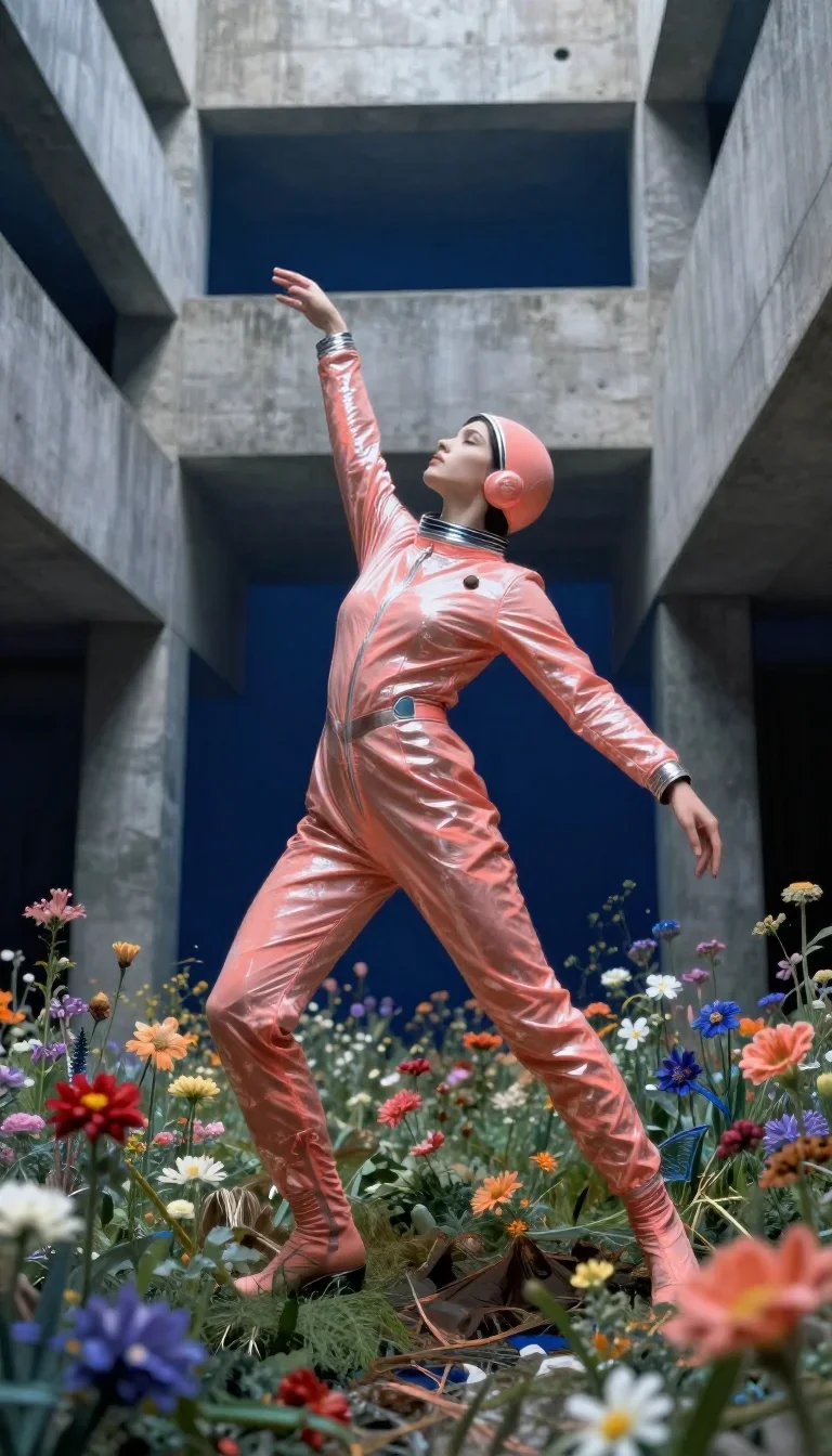 an astronaut in a reflective bodysuit among wildflowers in a graceful contrapposto pose, in a brutalist concrete atrium,
