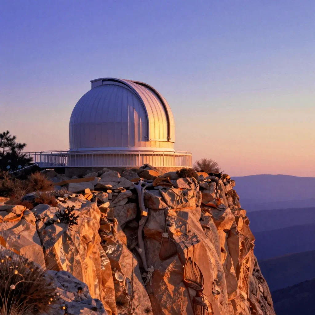 a cliffside observatory during golden hour, contemporary botanical illustration, atmospheric depth, ochre and ultramarin