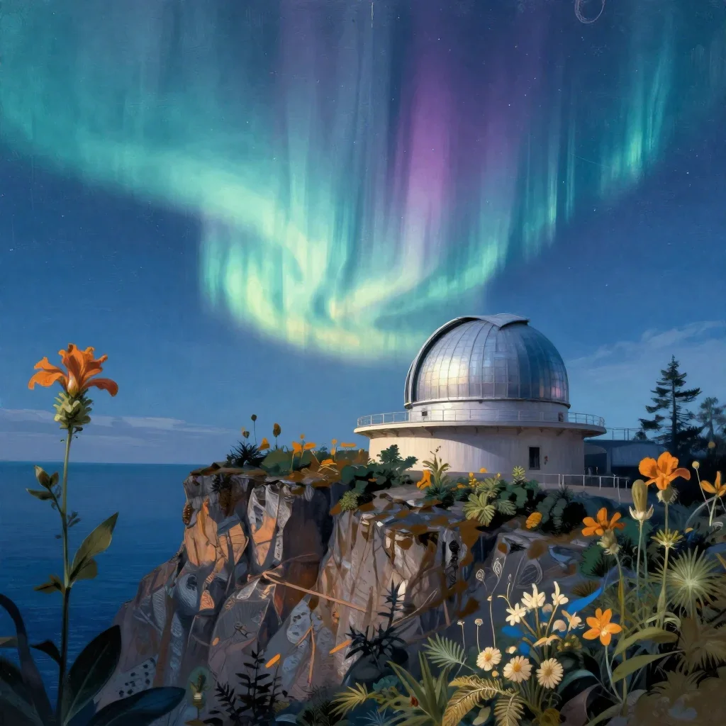 a cliffside observatory beneath an aurora, contemporary botanical illustration, soft volumetric light, cobalt and amber