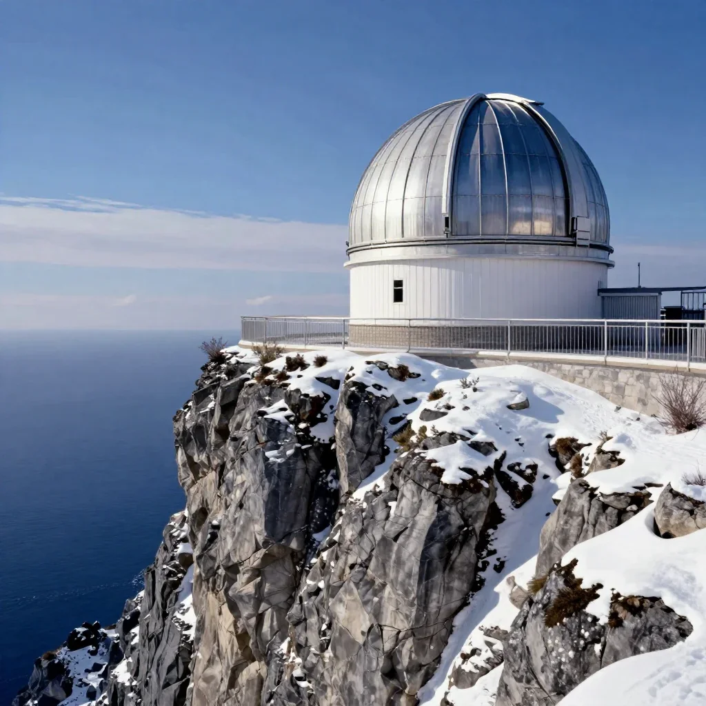 a cliffside observatory in crisp winter sunlight, high-end design magazine photography, restrained color harmony, indigo