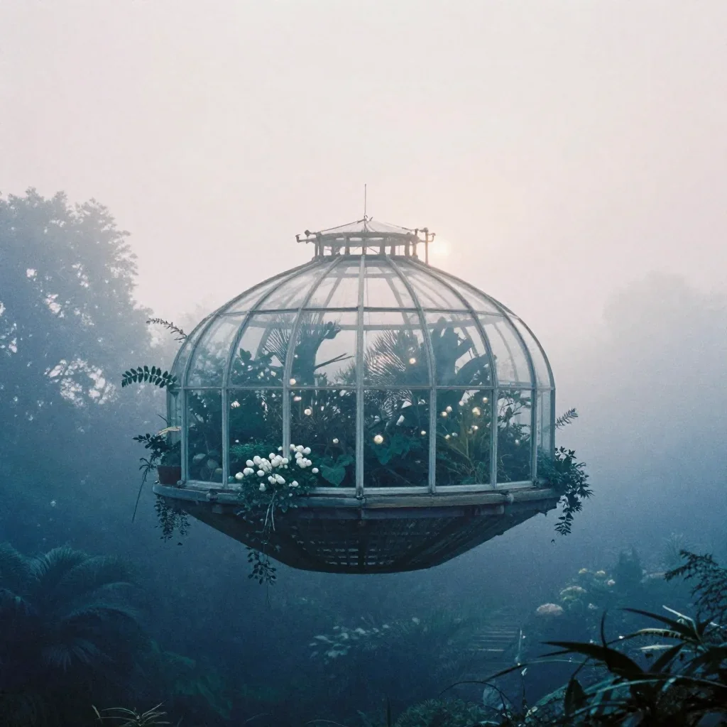 a floating botanical conservatory under soft dawn fog, soft-grain analog film photography, restrained color harmony, ind