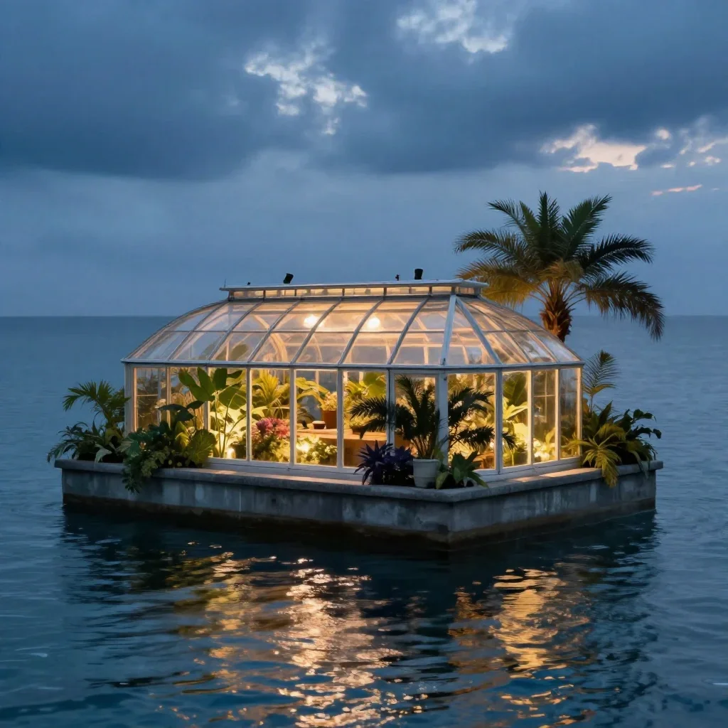 a floating botanical conservatory in a gentle sea breeze, refined editorial travel photography, gentle reflected light, 