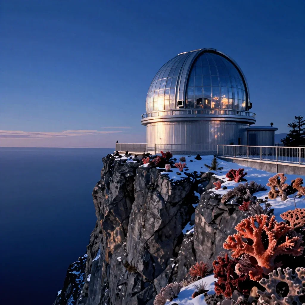 a cliffside observatory in crisp winter sunlight, quiet science-fiction concept art, gentle reflected light, coral and m