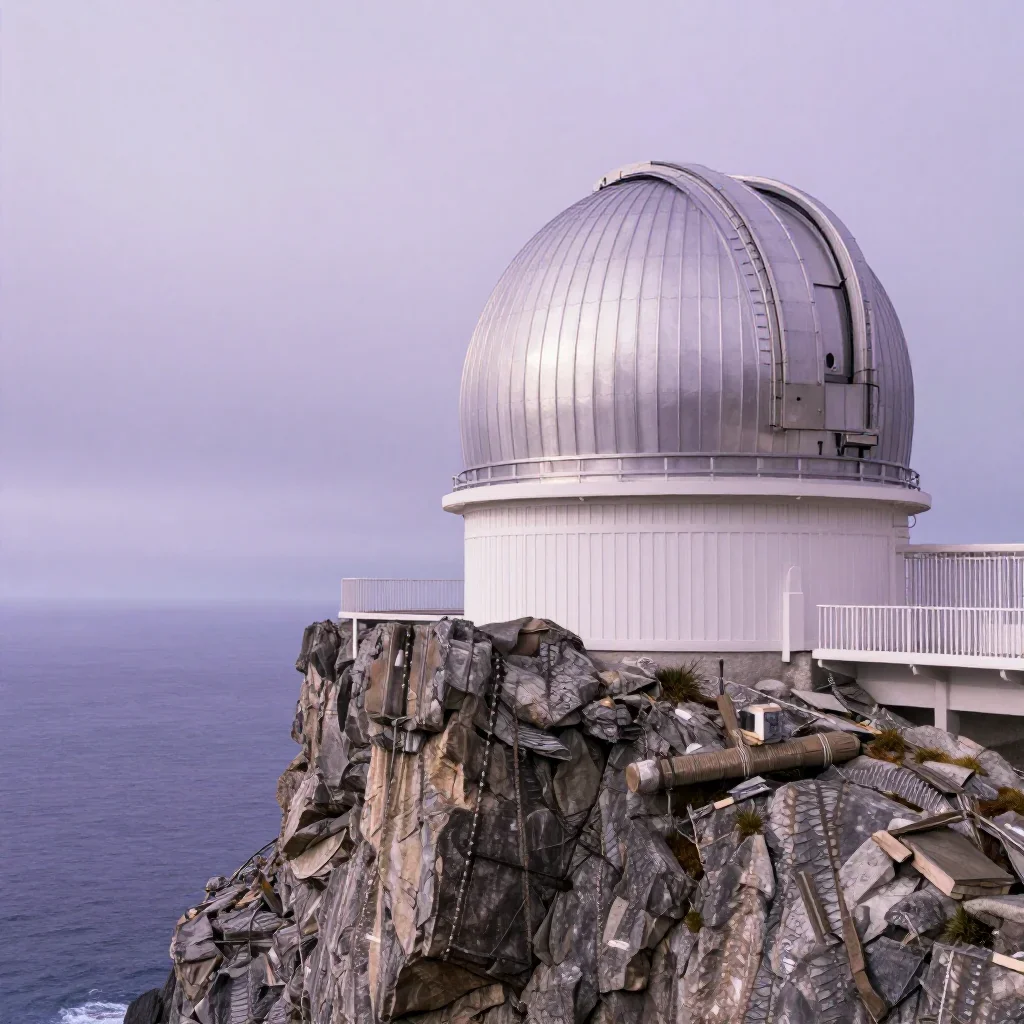 a cliffside observatory under overcast coastal light, high-end design magazine photography, soft volumetric light, lavender and silver palette, no people, no text, no logo, no watermark