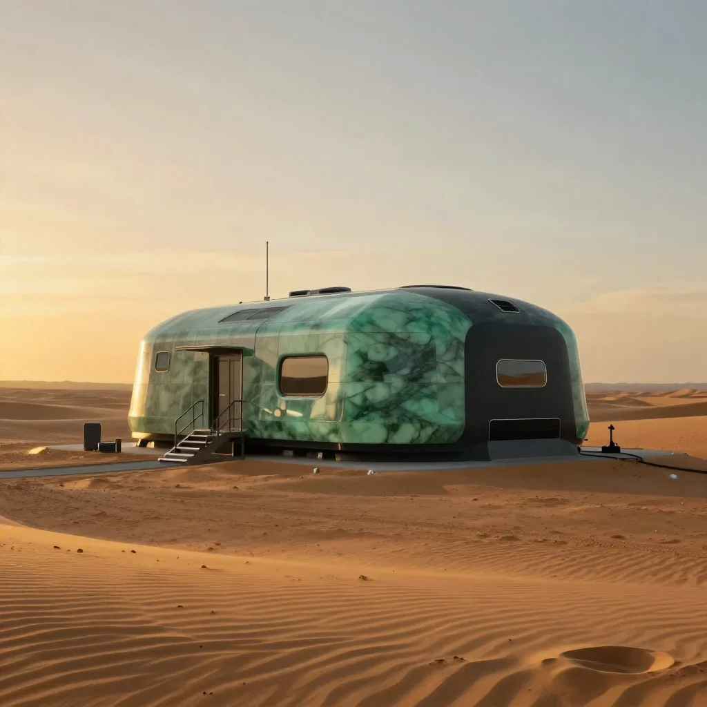 a desert research station during golden hour, quiet science-fiction concept art, crisp material detail, jade and charcoa