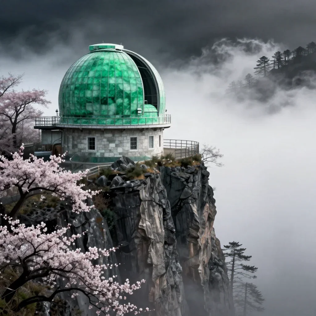 a cliffside observatory in early spring mist, Japanese woodblock-inspired editorial art, crisp material detail, jade and