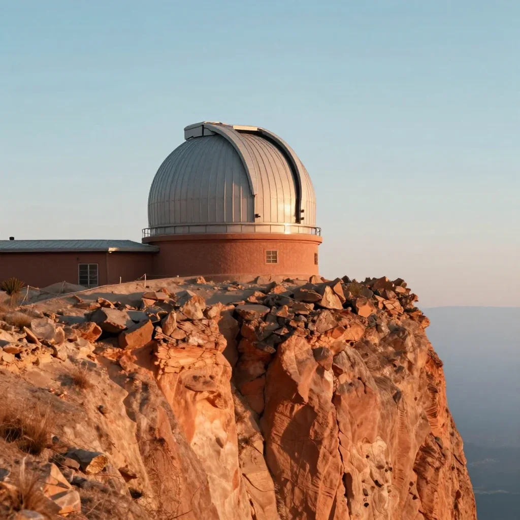 a cliffside observatory in crisp winter sunlight, dreamlike fine-art landscape photography, restrained color harmony, te