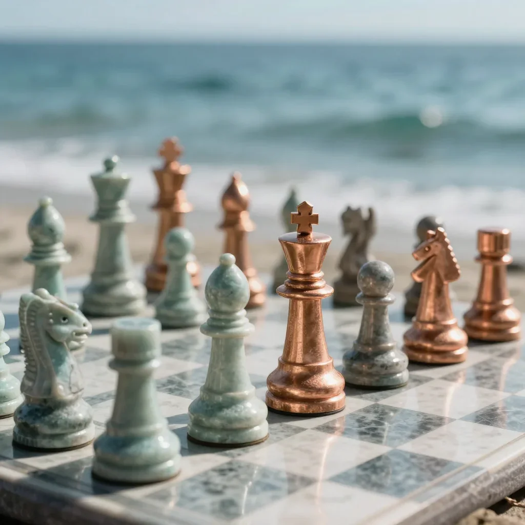 a polished stone chess set in a gentle sea breeze, quiet science-fiction concept art, shallow depth of field, seafoam an