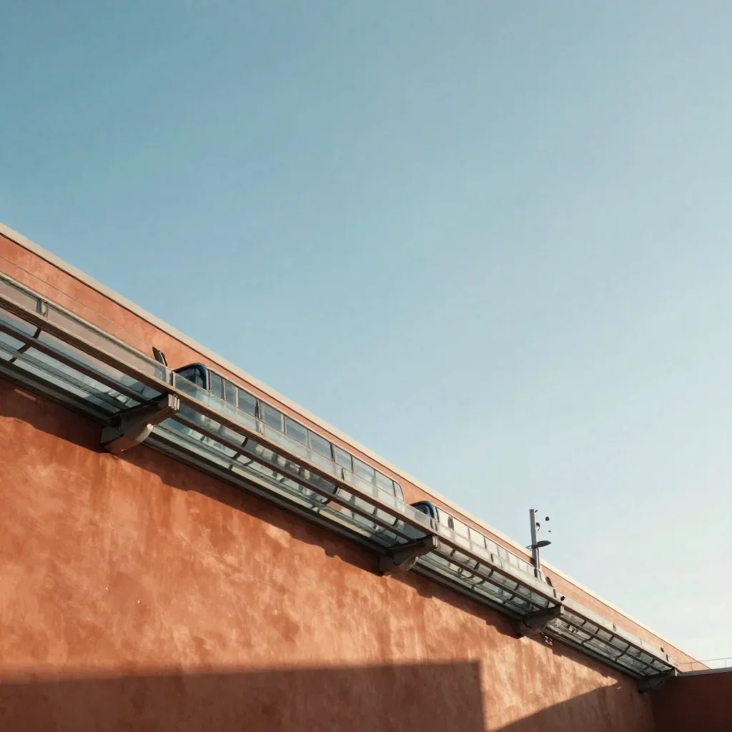 a glass monorail in crisp winter sunlight, cinematic architectural photography, calm negative space, terracotta and pale
