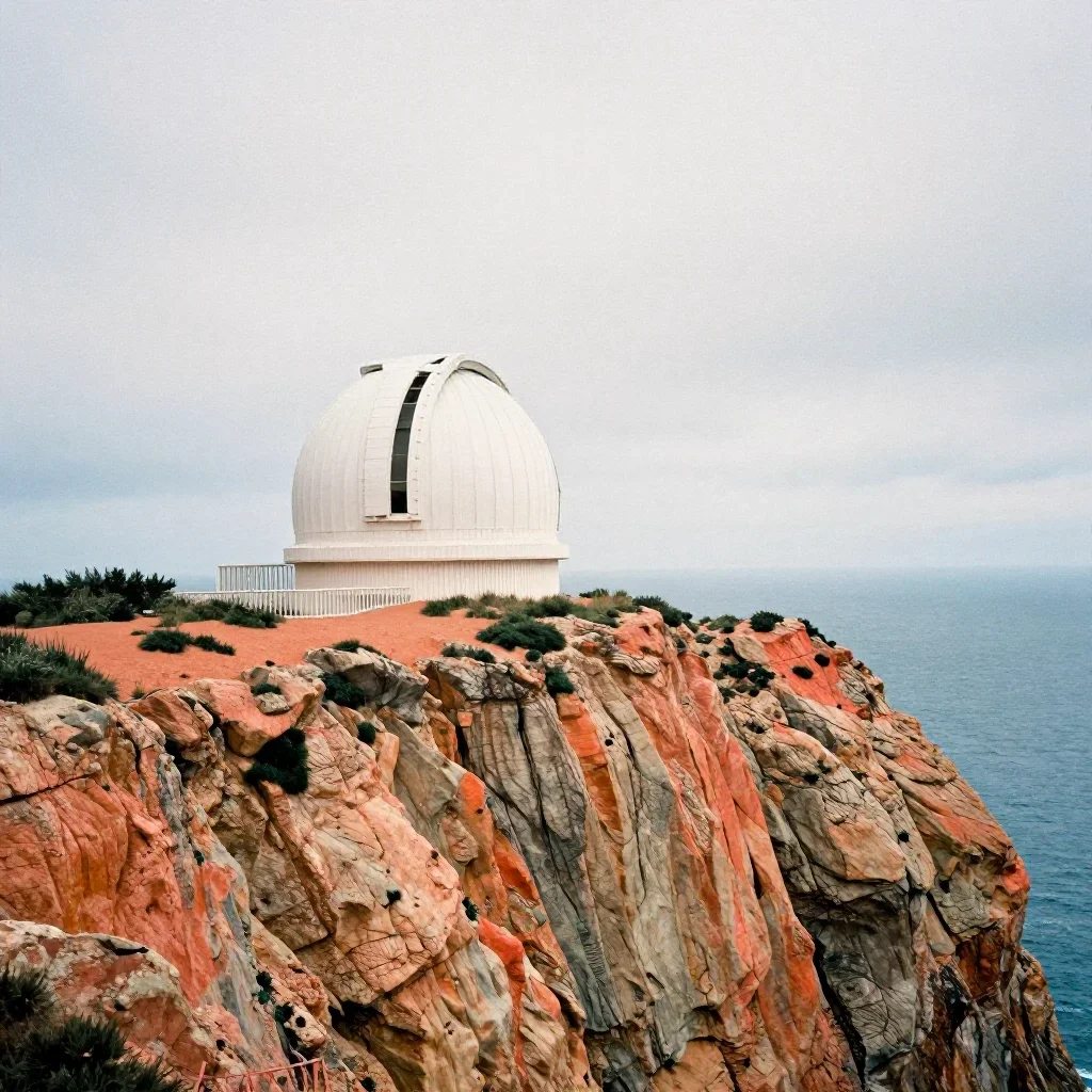 a cliffside observatory under overcast coastal light, soft-grain analog film photography, crisp material detail, ochre a
