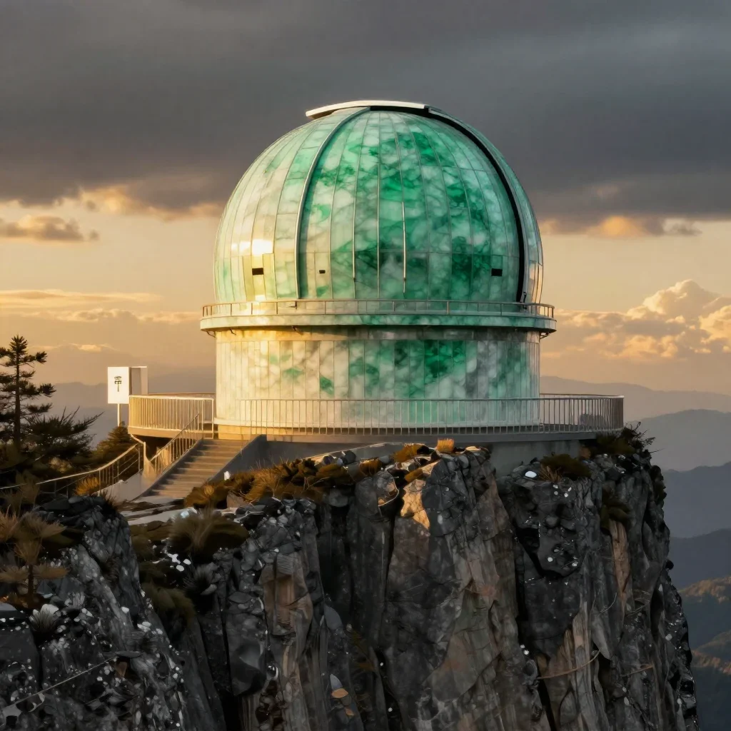 a cliffside observatory during golden hour, Japanese woodblock-inspired editorial art, crisp material detail, jade and c