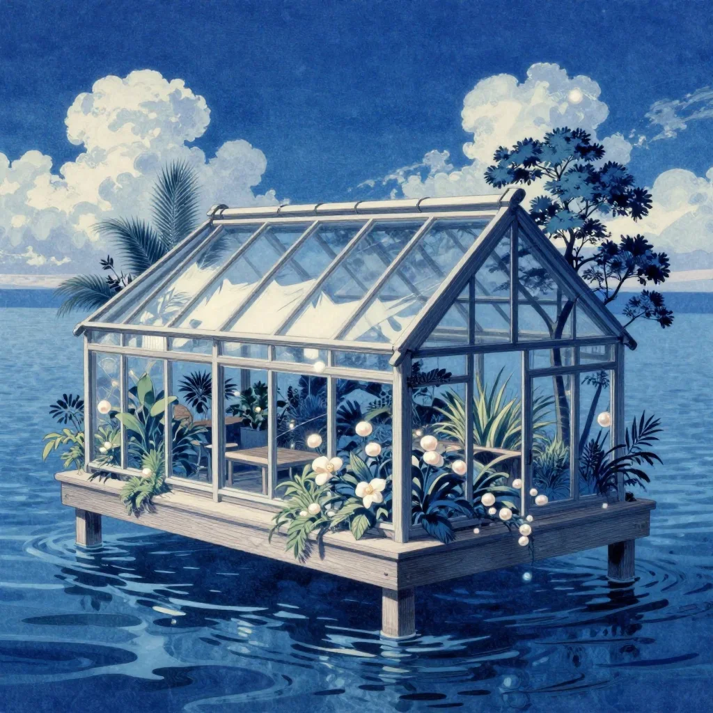 a floating botanical conservatory in a gentle sea breeze, Japanese woodblock-inspired editorial art, soft volumetric lig