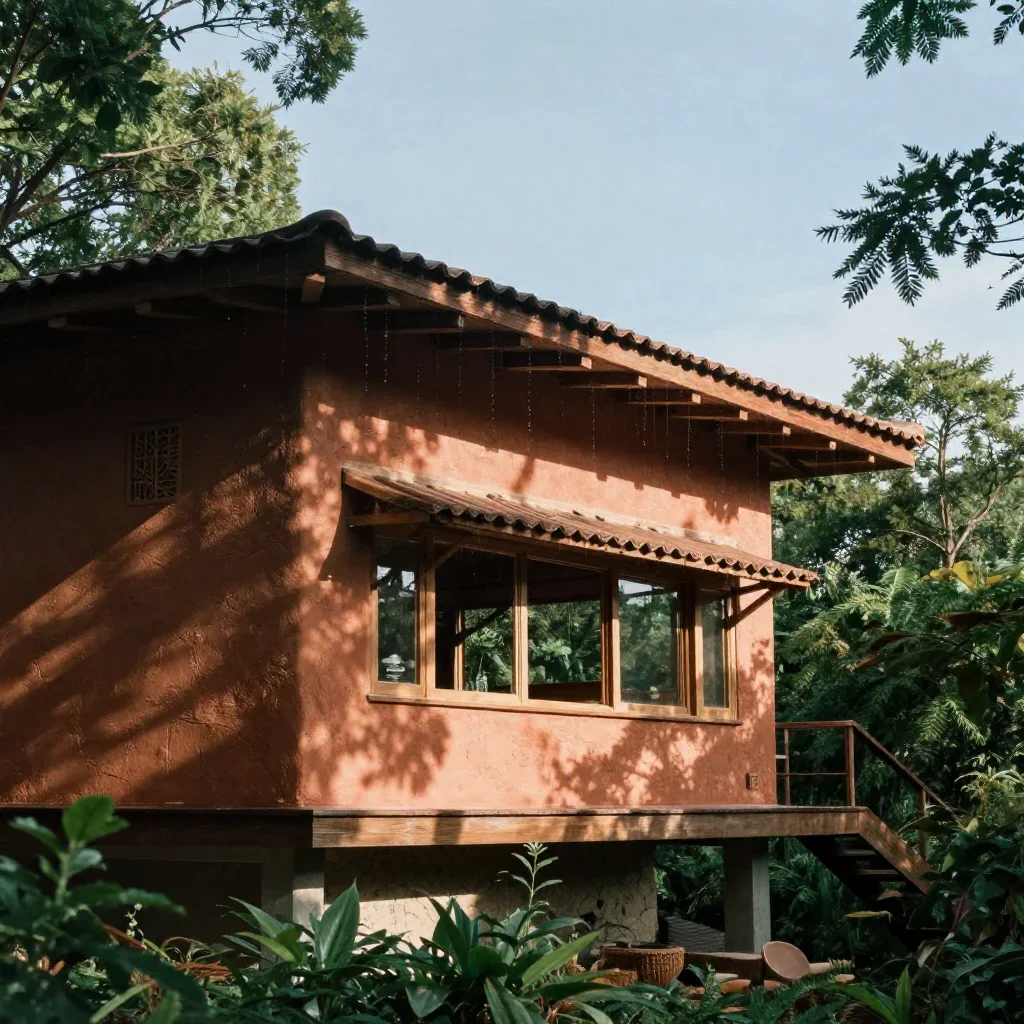 a forest tea house after warm summer rain, refined editorial travel photography, subtle film grain, terracotta and pale 