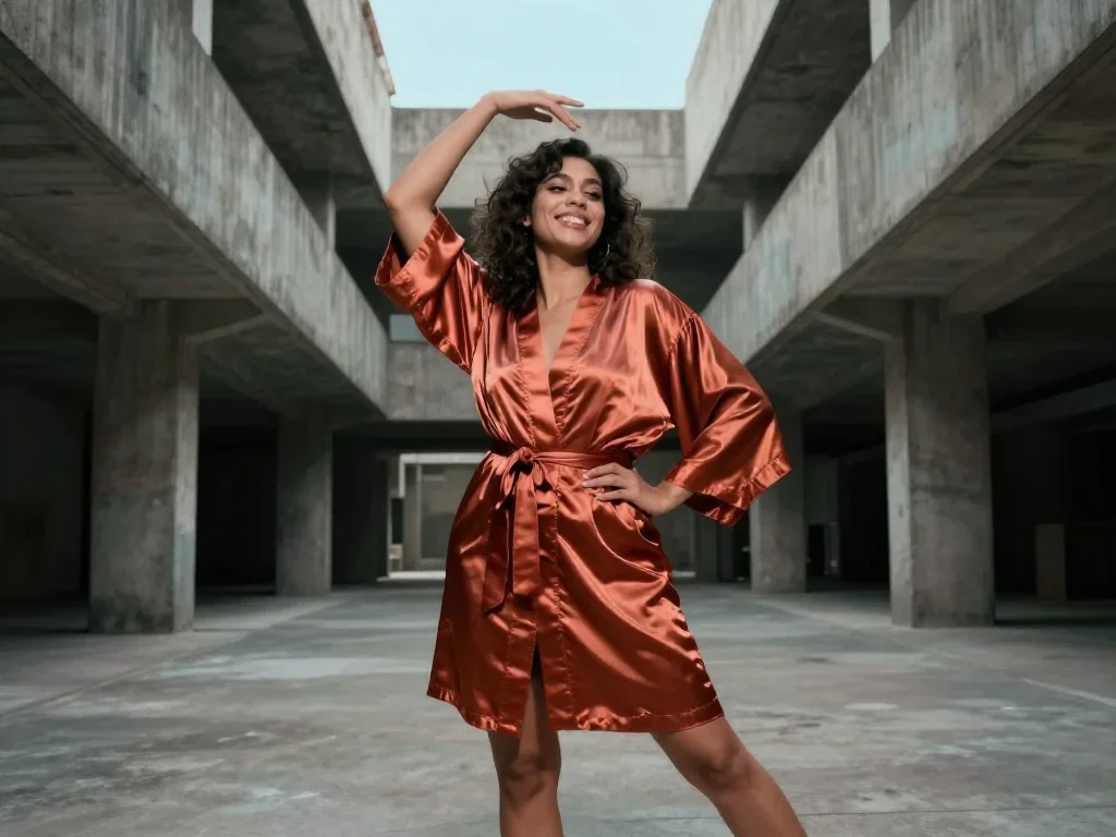 a smiley lounge singer in a satin robe in a graceful contrapposto pose, in a brutalist concrete atrium, moody Fujifilm s